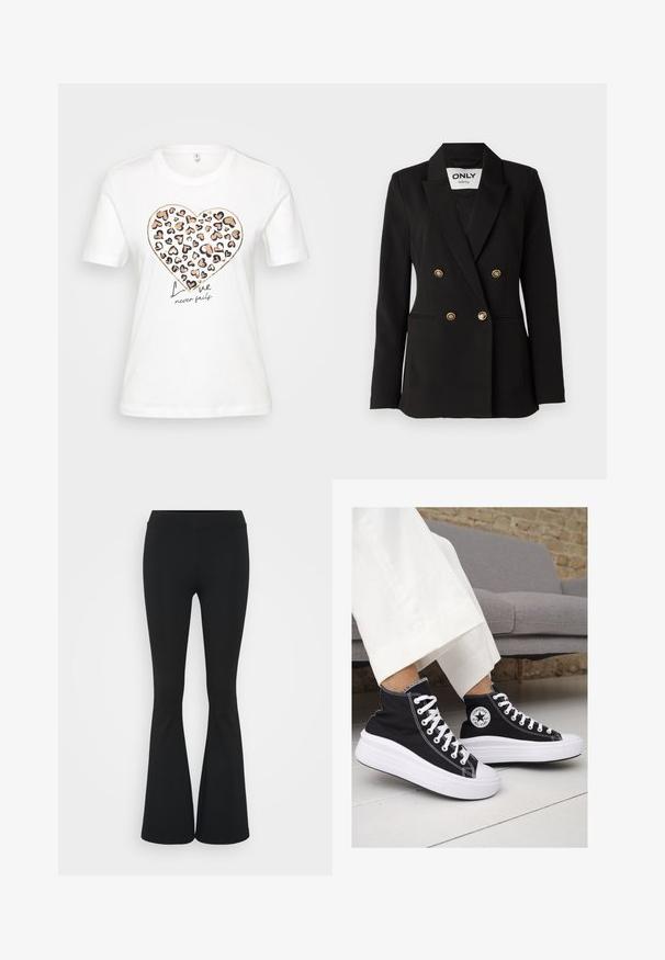 ONLY Tall ONLASTRID LIFE - Blejzer - black; Biely bavlnený tričko s grafickým motívom srdca v leopardom vzore v ružovej, oranžovej a čiernej farbe a nápisom "Láska nikdy nezlyhá" pod ním.; Čierne rozšírené nohavice vyrobené z elastického materiálu, s vysokým pásom a hladkou textúrou. Nohavice sa rozširujú od kolena.; Čierne plátkové tenisky s vysokým strihom a bielymi gumovými podrážkami a šnúrkami. Majú okrúhly logotyp na boku a kontrastné biele stehy.