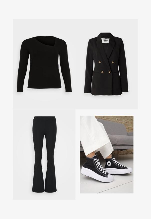 ONLY Tall ONLASTRID LIFE - Blazer - black; T-shirt noir à manches longues en matière côtelée avec un col asymétrique et une coupe ajustée. Texture lisse avec une silhouette élancée.; Pantalon évasé noir en tissu extensible, présentant une taille haute et une texture lisse. Le pantalon s'élargit à partir du genou.; Baskets montantes en toile noire avec semelles et lacets en caoutchouc blanc. Elles présentent un logo circulaire sur le côté et un contraste de coutures blanches.