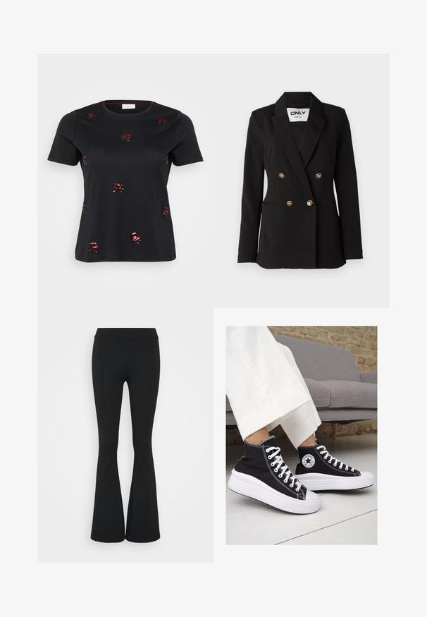 ONLY Tall ONLASTRID LIFE - Bleizeris - black; Juodas medvilninis marškinėliai su raudonais siuvinėjo rožėmis ir žaliais akcentais, trumpomis rankovėmis ir apvali iškirpte. Lygus audinys, laisvas kirpimas.; Juodai platėjantys kelnių, pagamintų iš tamprių medžiagų, kurie turi aukštą juosmenį ir lygią tekstūrą. Kelnės platėja nuo kelio.; Juodi kanvasiniai aukšti sportbačiai su baltais guminiais padu ir raišteliais. Šonuose yra apskritas logotipas ir ryški balta siūlė.