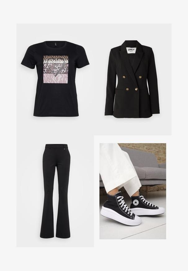 ONLY Tall ONLASTRID LIFE - Bleiser - black; Must värvi puuvillane T-särk, millel on graafiline disain leopardimustriga ja südame kuju kuldsetes, pruunides ja roosades toonides. Lühikesed varrukad.; ONLY Tall ONLPEACH LIFE FLARED - Püksid - black; Mustad musträgiga kõrge vars sneakerid valgete kummist tallade ja paeltega. Küljel on ringikujuline logo ja kontrastne valge õmblus.