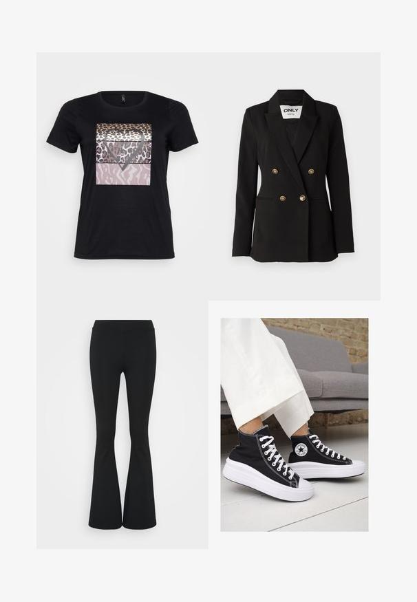 ONLY Tall ONLASTRID LIFE - Blazer - black; Sort bomulds T-shirt med en grafisk design, der har leopardprint og en hjerteform i nuancer af guld, brun og pink. Korte ærmer.; Sorte flagrende bukser lavet af strækbart stof, med en høj talje og en glat tekstur. Bukserne flared fra knæet.; Sorte høj-top sneakers i lærred med hvide gummisåler og snørebånd. Har et rundt logo på siden og kontrasterende hvide syninger.