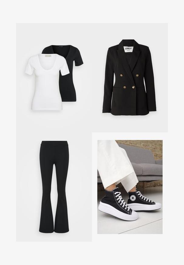 ONLY Tall ONLASTRID LIFE - Blazer - black; Twee getailleerde T-shirts met korte mouwen en V-hals, één wit aan de voorkant en één zwart aan de achterkant, weergegeven op een effen lichte achtergrond.; Zwarte uitlopende broek van rekbaar materiaal, met een hoge tailleband en een gladde textuur. De broek loopt uit vanaf de knie.; Zwarte canvas hoge sneakers met witte rubberen zolen en veters. Voorzien van een cirkelvormig logo aan de zijkant en contrasterende witte stiksels.