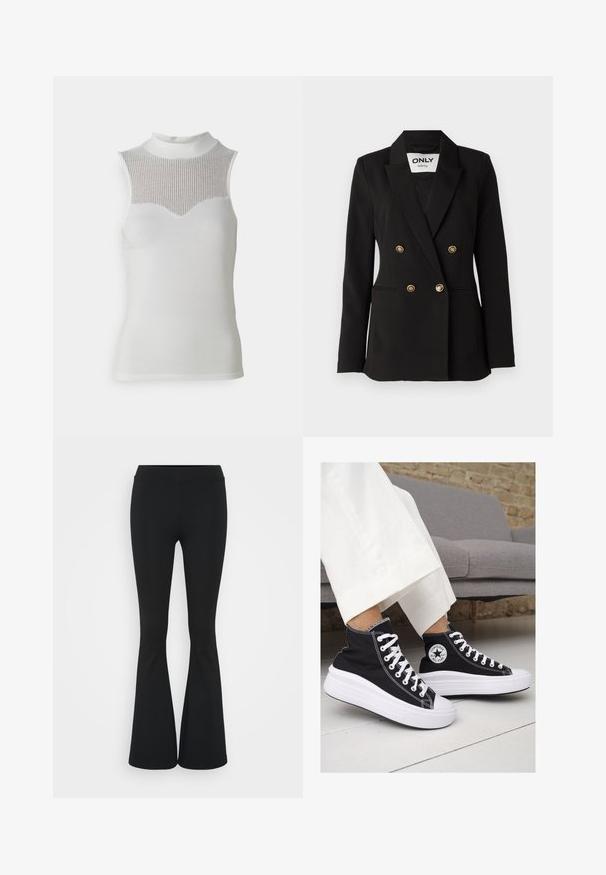 ONLY Tall ONLASTRID LIFE - Bleiseri - black; Valkoinen hihaton paita, jossa on korkea kaulus. Rinnassa on teksturoitu ribbikuvio ja suora vartalo, mikä luo vartalonmyötäisen siluetin.; Mustat leveät housut, jotka on valmistettu joustavasta kankaasta, ja joissa on korkea vyötärö sekä sileä pinta. Housut levenevät polven kohdalla.; Mustat kangaskengät korkealla varrella, joissa on valkoiset kumipohjat ja nauhat. Sivussa on pyöreä logo ja kontrastiväriset valkoiset tikkausommellut.