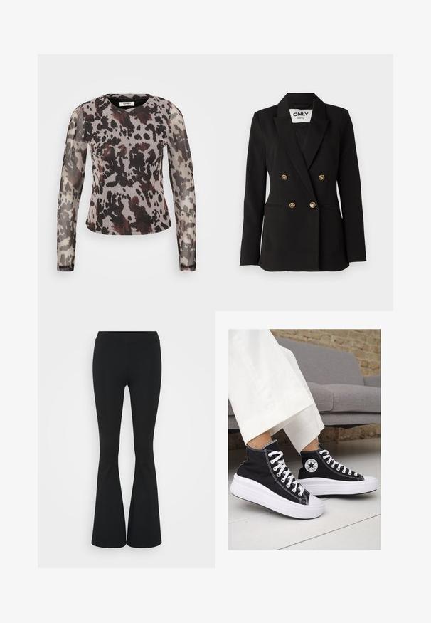 ONLY Tall ONLASTRID LIFE - Blazer - black; Sheer long-sleeve top featuring an abstract grey and black animal print, with burgundy accents and a rounded neckline. Soft, lightweight fabric.; Black flared pants made of stretchy fabric, featuring a high waistband and a smooth texture. The pants flare out from the knee.; Black canvas high-top sneakers with white rubber soles and laces. Features a circular logo on the side and contrasting white stitching.