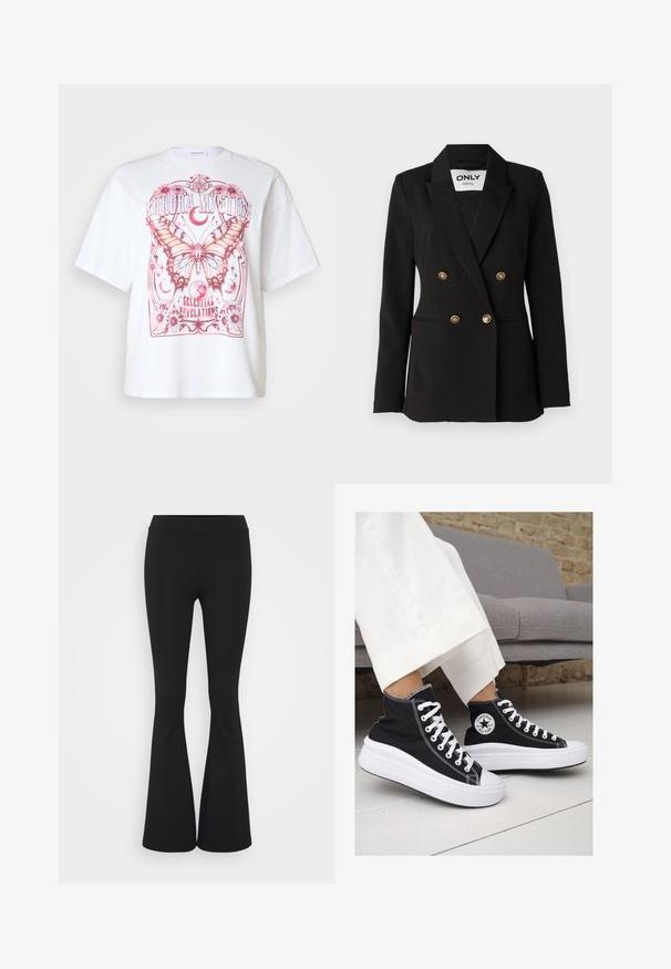 ONLY Tall ONLASTRID LIFE - Bleizeris - black; Balta per didelė marškinėlių su rožine drugelių grafika, gėlių akcentais ir tekstu "Aurora Mystic Celestial Revelations."; Juodai platėjantys kelnių, pagamintų iš tamprių medžiagų, kurie turi aukštą juosmenį ir lygią tekstūrą. Kelnės platėja nuo kelio.; Juodi kanvasiniai aukšti sportbačiai su baltais guminiais padu ir raišteliais. Šonuose yra apskritas logotipas ir ryški balta siūlė.