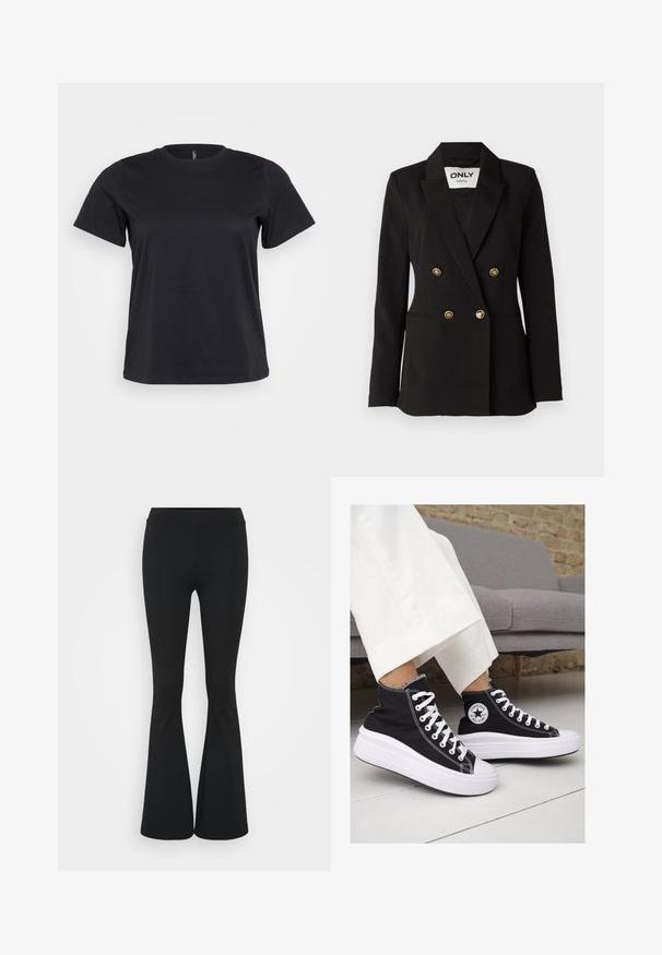 ONLY Tall ONLASTRID LIFE - Blazer - black; Svart bomull T-skjorte med korte ermer, rund hals, avslappet passform og jevn tekstur. Ingen synlige grafikker eller mønstre.; Svarte flared bukser laget av elastisk stoff, med høy midje og en glatt tekstur. Buksene vidder ut fra kneet.; Sorte lerrets høy-top sneakers med hvite gummisulinger og snørebånd. Har et rundt logo på siden og kontrasterende hvite sting.