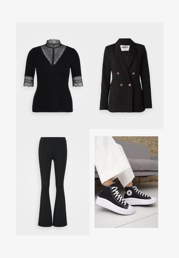 ONLY Tall ONLASTRID LIFE - Blazer - black; Sort ribbet top med høj blonde halsudskæring og korte ærmer med blondeaccentuering ved manchetterne. Glat tekstur med indviklet detaljering.; Sorte flagrende bukser lavet af strækbart stof, med en høj talje og en glat tekstur. Bukserne flared fra knæet.; Sorte høj-top sneakers i lærred med hvide gummisåler og snørebånd. Har et rundt logo på siden og kontrasterende hvide syninger.