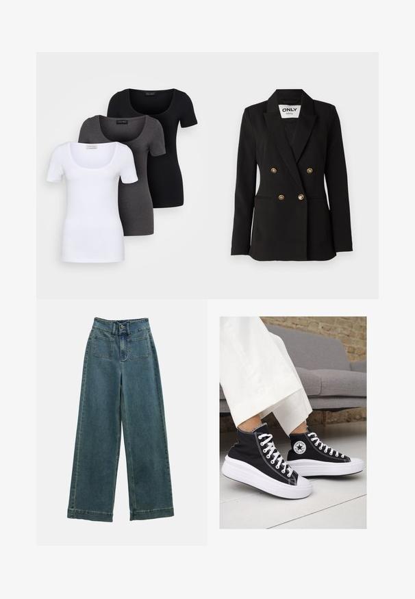 ONLY Tall ONLASTRID LIFE - Blazer - black; Tre figurerte T-skjorter i hvit, grå og svart. Hver har en bred scoop-nakke og korte ermer. Laget av glatt, elastisk stoff.; Bredde ben denim bukser i falmet blå, med høy midje, to frontlommer og klassisk knappelukking. Stoffet har en myk og glatt tekstur.; Sorte lerrets høy-top sneakers med hvite gummisulinger og snørebånd. Har et rundt logo på siden og kontrasterende hvite sting.