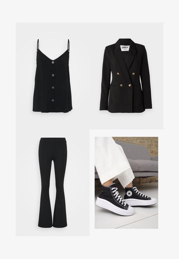 ONLY Tall ONLASTRID LIFE - Blazer - black; Camiseta de tirantes delgados negra con escote en V y seis botones en la parte frontal. Tejido suave con una textura ligera y lisa.; Pantalones negros de campana hechos de una tela elástica, con una cintura alta y una textura suave. Los pantalones se ensanchan desde la rodilla.; Zapatillas altas de lona negra con suelas y cordones de goma blanca. Presentan un logo circular en el lateral y costuras blancas en contraste.