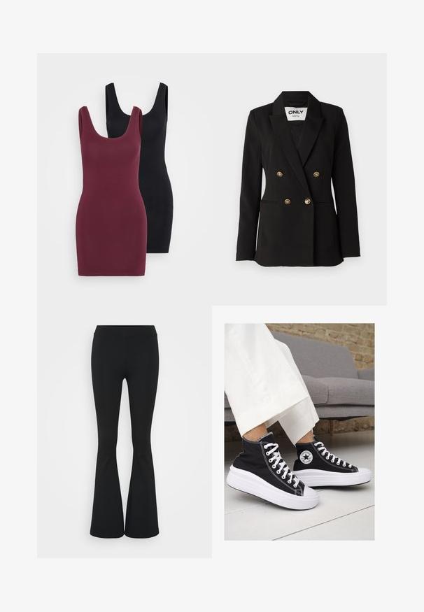 ONLY Tall ONLASTRID LIFE - Blazer - black; To tettsittende kjoler: en i burgunder og en i svart, begge laget av glatt materiale med brede stropper og dyp utringning.; Svarte flared bukser laget av elastisk stoff, med høy midje og en glatt tekstur. Buksene vidder ut fra kneet.; Sorte lerrets høy-top sneakers med hvite gummisulinger og snørebånd. Har et rundt logo på siden og kontrasterende hvite sting.