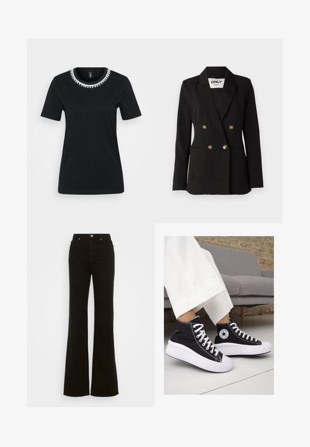 ONLY Tall ONLASTRID LIFE - Žakete - black; Melna īsām piedurknēm T-kreklu ar dekoratīvu pērļu apkakli. Izgatavots no mīksta materiāla ar standarta siluetu un apaļu apakšu.; Augstas jostas melni izplūduši džinsi, kas izgatavoti no denima, ar pogu aizdari, sānu kabatām un gludu tekstūru.; Melni kanvas augstpapēžu apavi ar baltām gumijas zolēm un auklām. Ievērojams aplis logotips sānos un kontrastējoša balta šuvums.