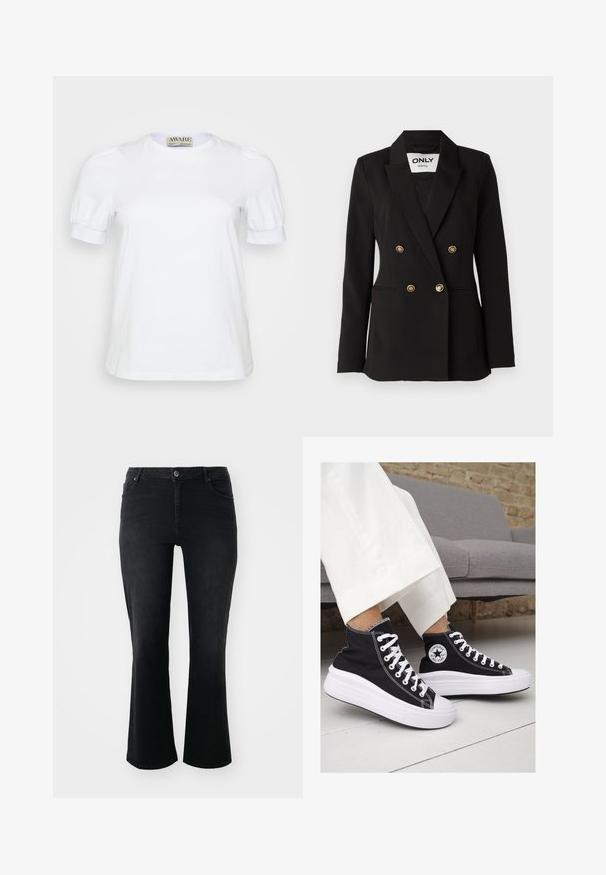 ONLY Tall ONLASTRID LIFE - Sacou - black; Tricou alb cu mânecă scurtă din bumbac, cu decolteu rotund și mâneci bufante cu manșete elastice. Design simplu și clasic.; Blugi din denim negri cu talie medie, nasture frontal, două buzunare frontale, două buzunare spate și croi evazat.; Sneakers negre înalte din pânză, cu tălpi și șireturi albe din cauciuc. Prezintă un logo circular pe lateral și cusături albe în contrast.