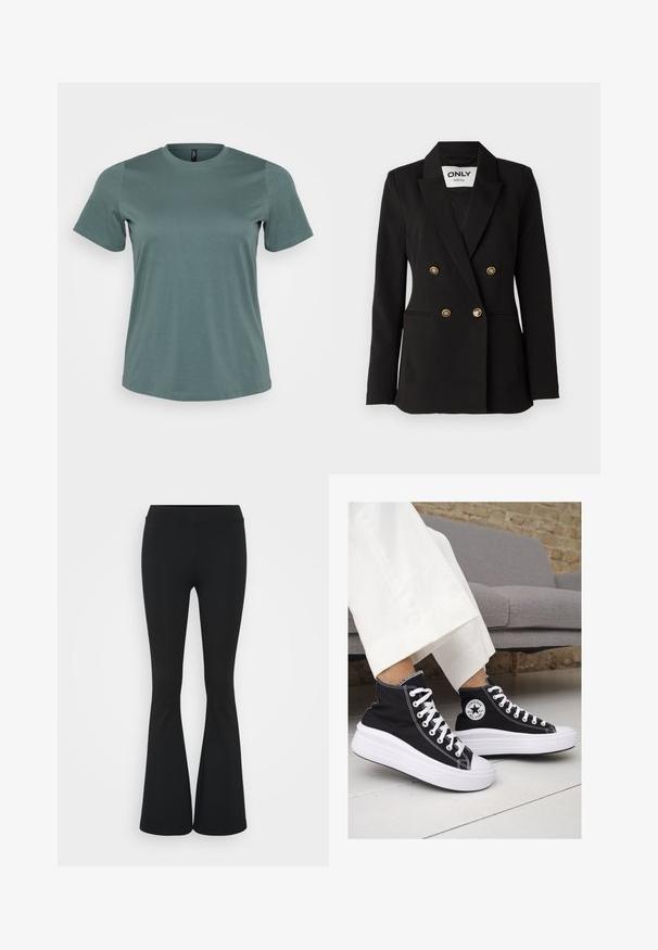 ONLY Tall ONLASTRID LIFE - Blazer - black; Kortærmet t-shirt i afdæmpet grøn, rund halsudskæring, lavet af blød bomuldsblanding, med en glat tekstur og løs pasform.; Sorte flagrende bukser lavet af strækbart stof, med en høj talje og en glat tekstur. Bukserne flared fra knæet.; Sorte høj-top sneakers i lærred med hvide gummisåler og snørebånd. Har et rundt logo på siden og kontrasterende hvide syninger.