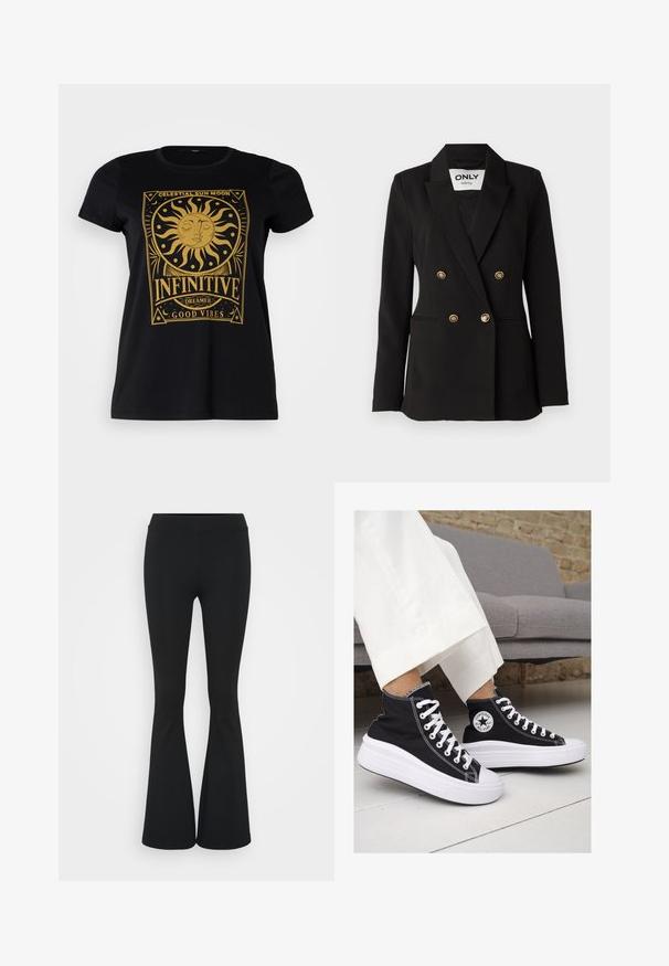 ONLY Tall ONLASTRID LIFE - Blazer - black; Vero Moda Curve VMMILLA FRANCIS - Camiseta estampada - black; Pantalones negros de campana hechos de una tela elástica, con una cintura alta y una textura suave. Los pantalones se ensanchan desde la rodilla.; Zapatillas altas de lona negra con suelas y cordones de goma blanca. Presentan un logo circular en el lateral y costuras blancas en contraste.