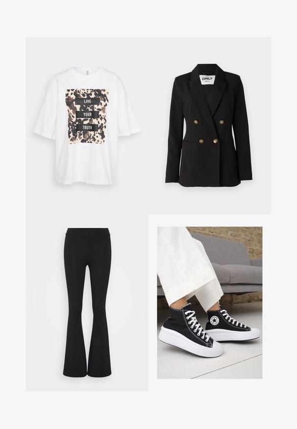 ONLY Tall ONLASTRID LIFE - Blazer - black; Hvit oversized T-skjorte med korte ermer, med et brunt og svart abstrakt mønster og teksten "LEV DIN SANNHET" i fete svarte bokser.; Svarte flared bukser laget av elastisk stoff, med høy midje og en glatt tekstur. Buksene vidder ut fra kneet.; Sorte lerrets høy-top sneakers med hvite gummisulinger og snørebånd. Har et rundt logo på siden og kontrasterende hvite sting.