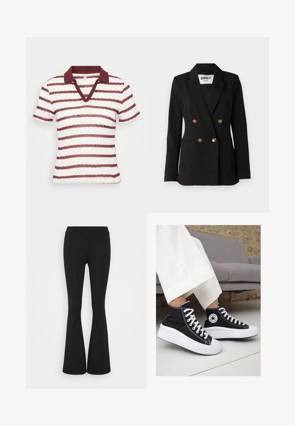 ONLY Tall ONLASTRID LIFE - Blazer - black; Randig kortärmad polo i vit och vinröd. Har en V-ringning och ribbad krage. Texturerad tyg med horisontella ränder.; Svarta utsvängda byxor i elastiskt tyg med hög midja och en mjuk textur. Byxorna vidgar sig från knäet.; Svarta canvas högskor med vita gummisulor och snören. Har en cirkulär logotyp på sidan och kontrasterande vit sömnad.