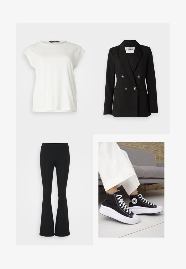 ONLY Tall ONLASTRID LIFE - Blazer - black; Weißes kurzärmliges T-Shirt mit einem strukturierten Spitzenbesatz, rundem Ausschnitt und lässiger Passform. Weiches Baumwollmaterial mit dezenten Details an den Schultern.; Schwarze, ausgestellte Hosen aus dehnbarem Material mit hohem Bund und glatter Textur. Die Hose weitet sich ab dem Knie.; Schwarze Canvas-Hochtop-Sneakers mit weißen Gummisohlen und Schnürsenkeln. Mit einem runden Logo an der Seite und kontrastierendem weißen Nähten.