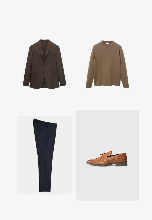 Brun linneblazer med en bröstficka, två framfickor, slagkragar och stängning med två knappar. Strukturerad tygytan.; Brun långärmad tröja med rund hals, tillverkad av mjukt och slätt material; har en avslappnad passform och rak nederkant.; Marintröjor i skräddarsydd stil tillverkade av ett mjukt tyg, med rak front, sidofickor och en enda bakficka. Rak bendesign.; Brun lädersko med perforerade detaljer, texturerade sidor, platt sula och en dekorativ rosett på överdelen. Klassisk design med en slät finish.