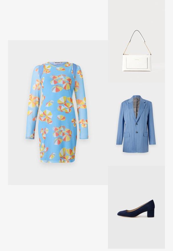 Ljust blå rutig kavaj med två framfickor, två knappar och ett notched krage. Har en slät, grå inre foder.; Långärmad blå klänning med ett färgglatt strandbollstryck i gult, orange och rött. Gjord av ett mjukt och stretchigt tyg.; Mörkblå mockapumps med spetsig tå och medelhög blockklack. Slät textur med en subtil glans och en liten utskärning framtill.; Vit läderhandväska med texturerad yta, med guldkedjeslinga och svarta accenter. Inkluderar en framsida ficka och dragkedjestängning.