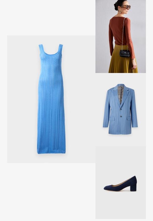 Vaaleansininen raitapensseli, jossa on kaksi etutaskua, kaksi nappia ja lovelliset kaulukset. Sisävuori on sileää harmaata.; Vaaleansininen neulemaksi, jossa on pyöreäkaula-aukko, kapeat hihnat ja teksturoidut pystyraitat; tiukka siluetti, joka laskee alas helmaan.; Navy sininen mokkanahkakengät, joissa on terävä kärki ja keskikorkea lohkare korko. Sileä pinta, jossa on hieno kiilto ja pieni leikkaus etuosassa.; Vivienne Westwood SMALL PURSE CHAIN - Olkalaukku - black