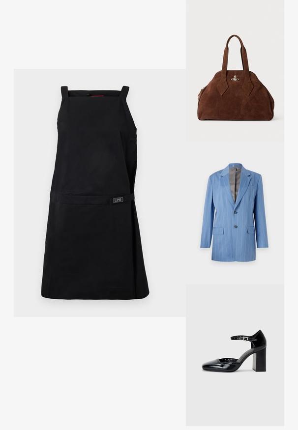 Sacou bleu deschis cu dungi, dotat cu două buzunare frontale, două butoane și guler cu tăietură. Are o căptușeală interioară netedă, de culoare gri.; Sania neagră cu decolteu pătrat, bretele ajustabile și o curea la talie. Are un accent cu logo-ul LPS pe față. Material neted și durabil.; Pantofi cu toc înalt din piele lăcuită neagră, cu vârf pătrat, curea pentru gleznă și toc gros. Include detalii perforate de-a lungul marginii.; Geantă din suede maro, cu o formă structurată, un corp rotund și mânere lungi în formă de diamant. Dispune de o închidere din metal argintiu.