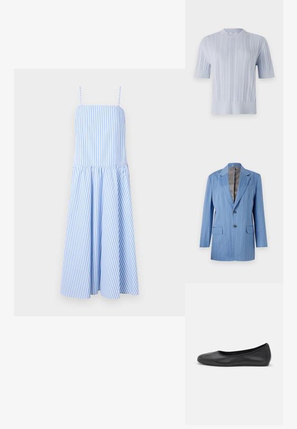 Hele sinine rinnataskutega liibuva lõikega bleiser, millel on kaks nööpaukku ja sakiline krae. Omab sujuvat halli voodrit.; Hele sinine lühikese varrukaga kootud pehme pluus, millel on vertikaalne sooniline tekstuur ja ümmargune kaelus. Kanga peal on peeneid detaile ning pluusi alläär on vormitud.; Sinine ja valge triibuline kleit spageti rihmadega, keha lähedal istuv ja laienev seelikuosa. Valmistatud kergest kangast, millel on vertikaalsed triibud.; Musthave mustika tantsutossud mustast nahast, ümmarguse varbaga, siledast tekstuurist, minimaalse õmblusdetailiga ja paindliku tallakujundusega.