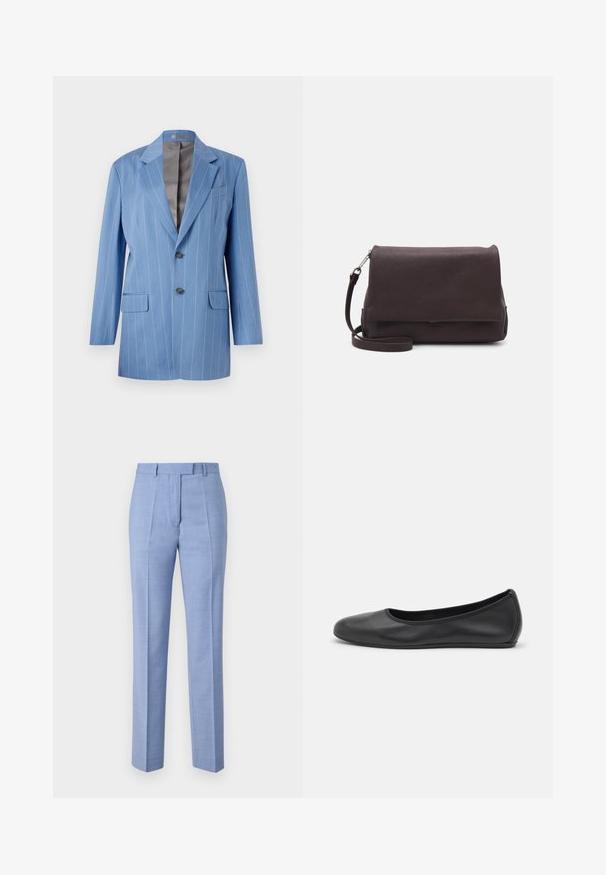Blazer a rayas finas en azul claro con dos bolsillos frontales, dos botones y un cuello con muesca. Presenta un forro interior suave en gris.; Top de punto de manga corta en azul claro, con textura de canalé vertical y cuello redondo. La tela presenta un detalle sutil con un dobladillo ajustado.; Pantalones ajustados de color azul claro hechos de una tela suave, con cintura alta, pliegues en la parte delantera y piernas rectas. Diseño minimalista, sin patrones visibles.; Bailarina de piel negra con punta redondeada, textura suave, detalle de costura minimalista y diseño de suela flexible.; Tiger of Sweden LIMBIATE UNISEX - Bandolera - pure decadence