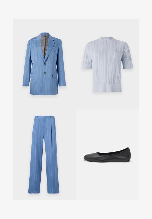 Világoskék csíkos blézer, két elülső zsebbel, két gombbal és fodros gallérral. Simma, szürke bélés jellemzi.; Világoskék, rövid ujjú kötött felső, függőleges bordázott textúrával és kerek nyakkivágással. Az anyag finom részletezéssel rendelkezik, és váltott szegéllyel zárul.; Világoskék, bő szárú nadrág függőleges fehér csíkokkal. Simább anyagból készült, elöl redőzéssel és letisztult derékpánttal rendelkezik.; Fekete bőr balettcipő lekerekített orral, sima tekstúrával, minimális varrással és rugalmas talp kialakítással.