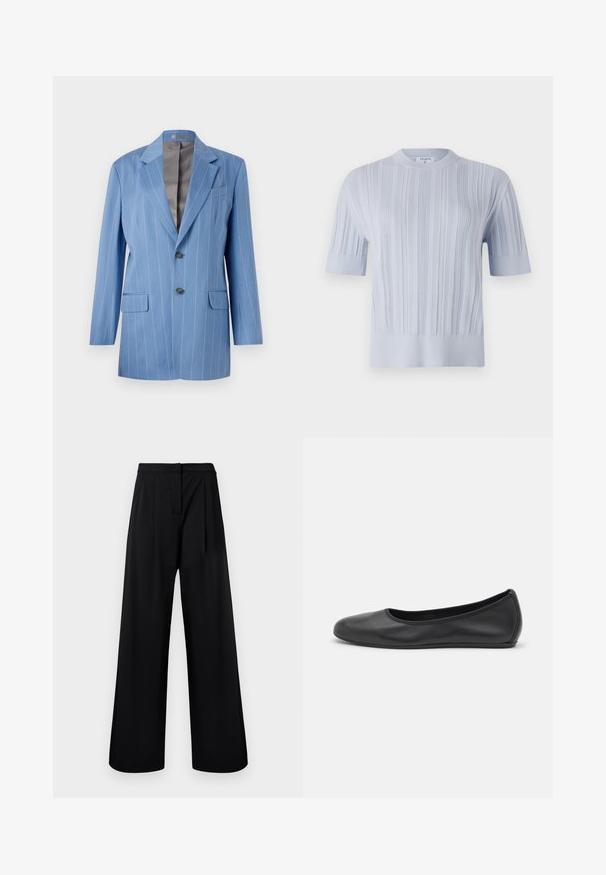 Jasnoniebieski żakiet w prążki z dwoma przednimi kieszeniami, dwoma guzikami i klapami. Posiada gładką, szaro-białą podszewkę.; Jasnoniebieski krótki rękaw dzianinowy top z pionowym prążkowanym wzorem i okrągłym dekoltem. Tkanina ma subtelne detale i dopasowane wykończenie.; Czarne spodnie w szerokim kroju wykonane z gładkiego materiału, z wysokim stanem i plisowanymi detalami. Brak widocznych ozdób lub wzorów.; Czarne skórzane baletki z zaokrąglonym noskiem, gładką fakturą, minimalnymi przeszyciami i elastycznym designem podeszwy.