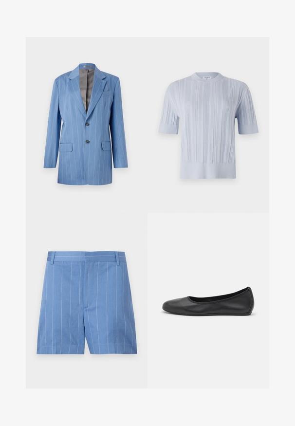 Light blue pinstripe blazer with two front pockets, two buttons, and a notched collar. Features a smooth, gray interior lining.; Light blue short-sleeved knit top featuring vertical ribbed texture and a crew neckline. The fabric shows subtle detailing with a fitted hem.; Light blue shorts with white vertical stripes, featuring a smooth texture, flat front, and standard waistband with belt loops.; Black leather ballet flat with a rounded toe, smooth texture, minimal stitching detail, and a flexible sole design.