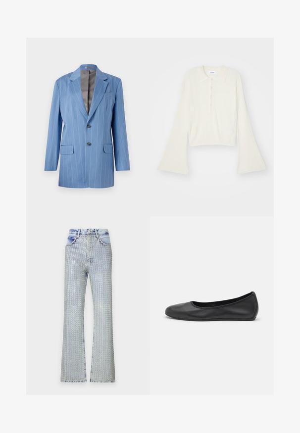 Light blue pinstripe blazer with two front pockets, two buttons, and a notched collar. Features a smooth, gray interior lining.; Ribbed, cream-colored polo shirt with long, flare sleeves and five button placket. Features a collar with a soft texture.; Light blue denim flared jeans featuring a grid pattern of silver embellishments, with a high-waisted design and frayed hem.; Black leather ballet flat with a rounded toe, smooth texture, minimal stitching detail, and a flexible sole design.