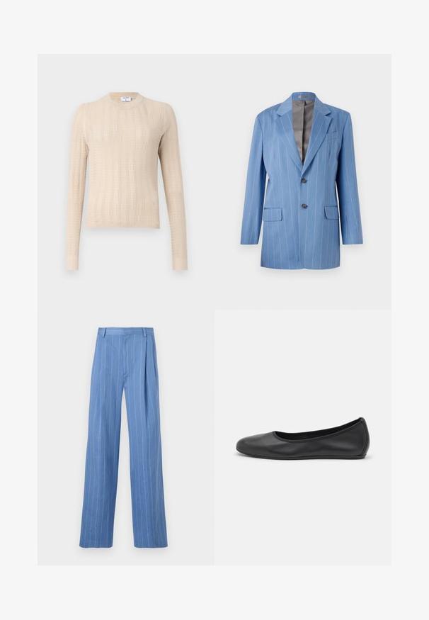 Blazer azzurro chiaro con righe verticali, dotato di due tasche frontali, due bottoni e colletto a scollo a V. Presenta una fodera interna liscia di colore grigio.; Maglione beige lavorato a maglia con maniche lunghe, scollatura rotonda e un motivo a costine testurizzato. Tessuto morbido e leggero.; Pantaloni a gamba larga blu chiaro con strisce bianche verticali. Realizzati in materiale morbido, presentano una piega frontale e un design della vita pulito.; Pantofole da balletto nere in pelle con punta arrotondata, texture liscia, dettagli di cucitura minimi e design con suola flessibile.