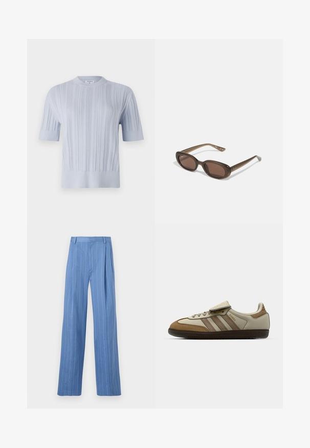 Lyseblå blazer med striber, to forlommer, to knapper og en klippet krave. Har en glat, grå indvendig foring.; Lyseblå kortærmet striktrøje med vertikal ribbet struktur og rund halsudskæring. Stoffet har subtile detaljer med en tætsiddende kant.; Lysblå bukser med brede ben og lodrette hvide striber. Fremstillet af glat materiale, med en frontplissé og et rent design af taljebåndet.; Brun og creme atletisk sko med tre beige striber, lavet af ruskind og læder, snørelukning og gummisål. Tekstlogo på siden.; Brune ovale solbriller med mørke linser. Stellet er lavet af transparent brunt materiale og har et logo trykt på stængerne.