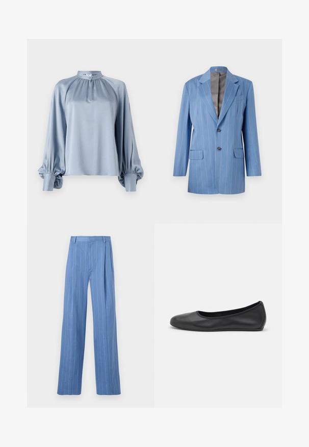 Light blue pinstripe blazer with two front pockets, two buttons, and a notched collar. Features a smooth, gray interior lining.; Light blue blouse featuring a high collar, long raglan sleeves with gathered cuffs, and a smooth, satin-like texture.; Light blue wide-leg trousers with vertical white stripes. Made of smooth material, featuring a front pleat and a clean waistband design.; Black leather ballet flat with a rounded toe, smooth texture, minimal stitching detail, and a flexible sole design.