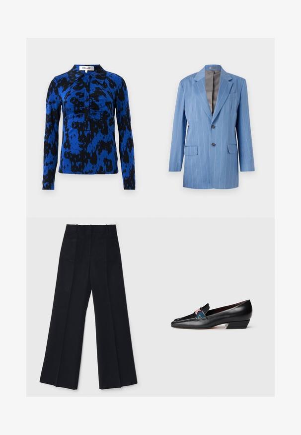 Gaiši zils svītrainais žakets ar divām priekšējām kabatām, diviem pogām un izgriezumu apkakli. Iekšpusē ir gluda pelēka oderes.; Garā piedurkņu krekls zilā un melnā abstraktā rakstā. Piedāvā apkakles izgriezumu un pogu aizdari ar savilkumu centrā.; Melnas platas kājas bikses no gludas auduma, kurām ir augsta josta, divas aizmugures kabatas un smalkas priekšējās krokas, lai piešķirtu formu.; Melns ādas zemu papēžu loaferis ar asu purngalu un krāsainu rakstainu siksniņas detaļu uz baltas fona.