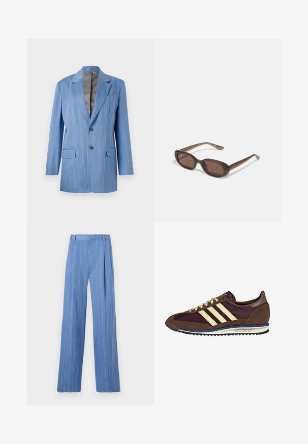 Pilkosi mėlynas švarkas su smulkiomis dryžiais, dviem priekiniais kišenėmis, dviem mygtukais ir išpjovimu ant apykaklės. Viduje turi lygią, pilką pamušalą.; Balta ilgomis rankovėmis turtleneck marškinėliai, pagaminti iš lygaus, tamprių audinių. Turi aptemptą siluetą ir aukštą apykaklę. Nėra matomų raštų ar akcentų.; Šviesiai mėlynos plačios kojų kelnės su vertikaliomis baltomis juostelėmis. Pagamintos iš lygaus audinio, turi priekinę raukšlę ir švarų juosmens dizainą.; Rudi ir burgundiški sportbačiai, pagaminti iš suedės ir tinklinės medžiagos, su trimis grietinėlės spalvos juostelėmis, tekstūruota medžiaga ant liežuvėlio ir guminis padas.; Rudos ovalo formos saulės akiniai su tamsiais lęšiais. Rėmas pagamintas iš skaidrios rudos medžiagos ir ant šventyklų yra atspausdintas logotipas.