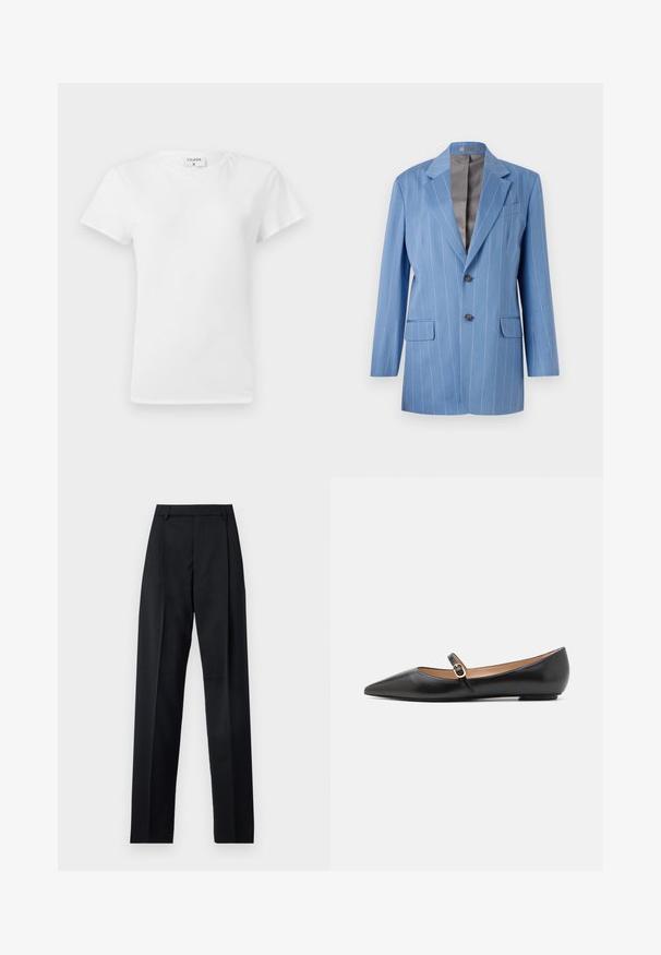Light blue pinstripe blazer with two front pockets, two buttons, and a notched collar. Features a smooth, gray interior lining.; White cotton t-shirt with a crew neckline and short sleeves, featuring a relaxed fit and minimalistic design. Tag visible at the neck.; Black trousers made from smooth fabric featuring a high waist, wide legs, front pleats, and classic belt loops. No side pockets visible.; Black leather ballet flats with a pointed toe and a side strap featuring a circular gold accent. Lightweight with a flat sole.