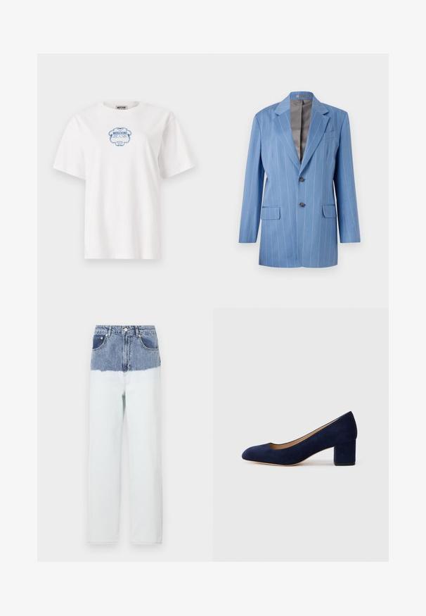 Blazer azul claro com riscas verticais, duas bolsos frontais, dois botões e colarinho de lapela. Apresenta um interior liso na cor cinza.; T-shirt de algodão branco com um gráfico decorativo azul que diz "Moschino Jeans Hotel" centrado no peito. Mangas curtas.; Jeans de ganga com uma parte superior em azul que desbota para uma parte inferior em azul mais claro. Apresenta cinco bolsos, fecho de botão e design de perna reta.; Salgados de camurça azul-marinho com bico fino e um salto quadrado de altura média. Textura suave com um ligeiro brilho e um pequeno corte na parte da frente.