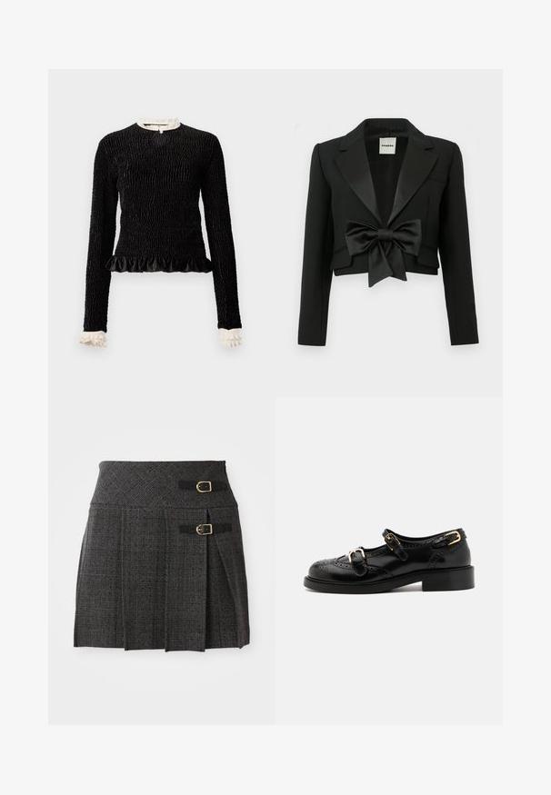 Crna skraćena jakna od teksturiranog materijala, sa satenastim reverom i velikom satenastom mašnom sprijeda. Jedan džep s lijeve strane.; Crna majica dugih rukava od teksturiranog materijala, s volanima na rubu i bijelim volanima na ovratniku i manžetama. Ima središnje zatvaranje s petljom.; Siva karirana suknja s uskim strukom, koja ima dvostruke kopče i plisirane detalje. Izrađena od teksturirane tkanine s tkanim uzorkom.; Crne kožne cipele s brogue detaljima, koje imaju dva remena sa kopčama, okrugli vrh i niski potplat. Glatka tekstura s sjajnim završetkom.