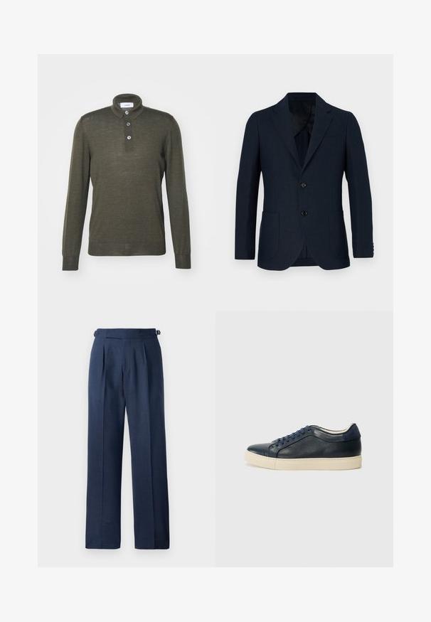 Ναυτικό σακάκι με ραμμένη εφαρμογή, δύο μπροστινές τσέπες και κλείσιμο με έναν μόνο κουμπί. Απαλή ύφανση με διακριτή υφή και λαιμόκοψη notch.; LARDINI UOMO - Μπλούζα με μακριά μανίκια - dark brown; Ναυτικά μπλε ραμμένα παντελόνια, φτιαγμένα από υφή, με ψηλή μέση, πτυχώσεις και ρυθμιζόμενες πλευρικές λουρίδες για καλύτερη εφαρμογή.; Σκούρο μπλε δερμάτινο αθλητικό παπούτσι με κρεμ λαστιχένια σόλα, διαθέτει μπλε κορδόνια και λεία υφή. Στρογγυλή μύτη και μινιμαλιστικός σχεδιασμός.