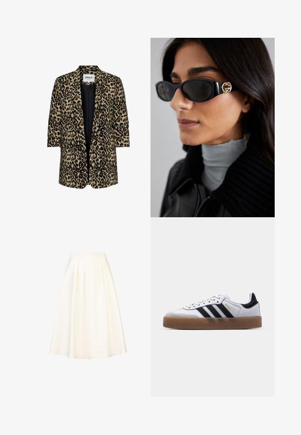 Veste en imprimé léopard dans des tons beige, noir et marron. Design à l'avant ouvert avec des manches courtes et deux poches à l'avant. Texture de tissu lisse.; Chemise blanche à boutons avec un col pointu, des manches longues et un petit logo bleu sur la poitrine gauche. Fabriquée en tissu en coton.; Une jupe plissée mi-longue en tissu crème avec une texture lisse et une taille ajustée, conçue pour un usage décontracté ou formel.; Baskets en cuir blanc avec des rayures noires, semelle extérieure en caoutchouc beige, bout rond, fermeture lacée et embout en suède gris doux.; Lunettes de soleil noires avec une monture rectangulaire élégante et un accent logo doré sur le côté. Les verres sombres et la finition brillante sont proéminents.; Sac à main en cuir blanc avec un fermoir doré, des accents noirs, une bandoulière amovible, et un design structuré avec un rabat.