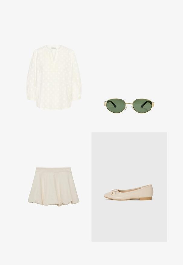 Béžová, čierna a hnedá bunda s leopardím vzorom. Otvorený predný dizajn s krátkymi rukávmi a dvoma prednými vreckami. Hladká textúra látky.; Kaffe Blúzka - chalk; Krémová sukňa s jemnou, hladkou textúrou, rozšíreným strihom a vlnkovaným lemom. Obsahuje široký elastický pás pre pohodlie.; Bežové baletky vyrobené z hladkého syntetického materiálu. Obsahujú malý blokový podpätok a uzlový detail so zlatými akcentmi na špičke.; Slnko zlatohnedých kovových rámových okuliarov s zelenými tónovanými sklami, oválnym tvarom, čiernymi stranami a priehľadnými nosnými podložkami. Čistý, minimalistický dizajn.; Biela kožená kabelka so zlatým uzáverom, čiernymi akcentmi, odnímateľným ramenným popruhom a štruktúrovaným dizajnom so zavretím na klopu.