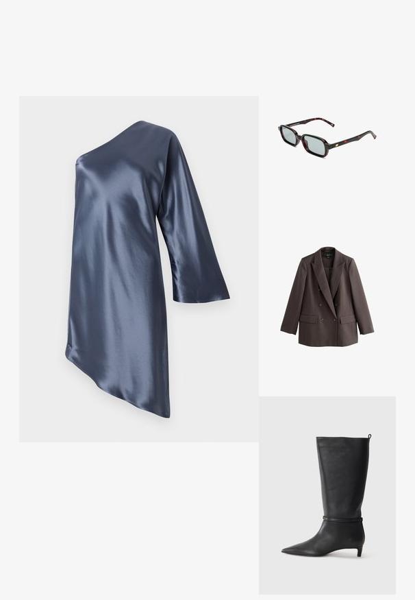 Barna, dupla gombolás blézer, kihajtott gallérral, két elülső zsebbel és gombdíszítéssel, sima, texturált anyagból készült.; Aszimmetrikus sötét navy selyemruha, egy hosszú ujjával és sima, fényes felületével, átlós szegéllyel.; Fekete bőr, térd fölé érő csizma, hegyes orral, kör alakú pánttal a bokán és alacsony, keskeny sarkú. Simára csiszolt textúra.; Fekete és piros mintás, téglalap alakú keretekkel rendelkező napszemüveg, szürke lencsékkel és arany kiegészítővel a szárakon. A dizájn karcsú és modern.; Fekete bőr bevásárlótáska, texturált felülettel, két függőleges vonallal, dupla vállpánttal és minimalista dizájnnal.