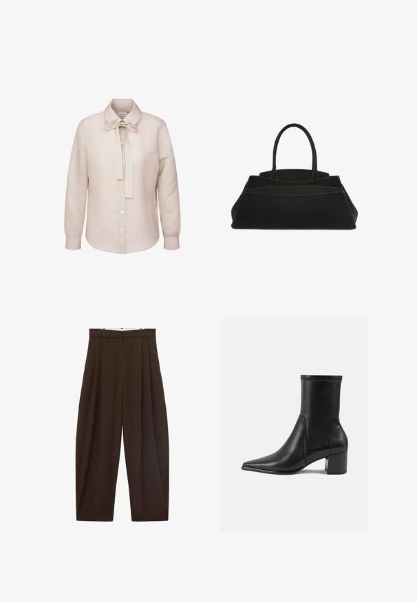 Brown double-breasted blazer with a notched lapel, two front pockets, and button accents, made from smooth, textured fabric.; Beige and white vertical striped long-sleeve blouse with button front and a tied bow collar, rounded hem and fitted cuffs.; Brown high-waisted trousers with pleats, made of smooth fabric. Loose fit, straight leg design, featuring belt loops and a zip fly.; Black ankle boot made of smooth leather, featuring a pointed toe, a block heel, and distinct raised stitching at the top edge.; Black suede handbag with dual top handles, structured design, prominent seam detailing, and a spacious silhouette for versatile use.