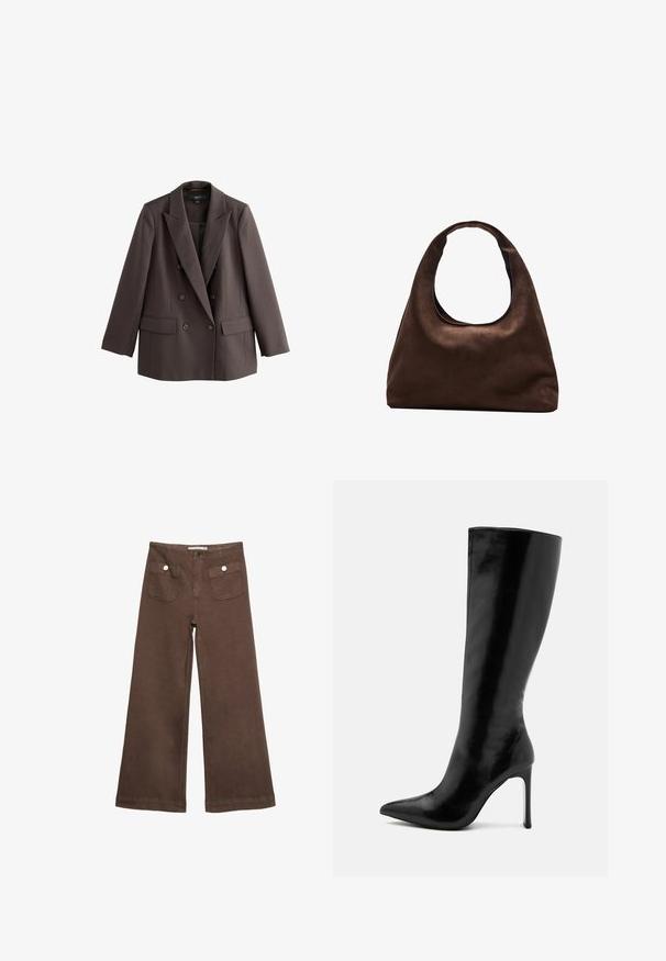 Smeđi dvostruko kopčani sako s reverima, dva prednja džepa i dugmadi, izrađen od glatke, teksturirane tkanine.; Smeđi kratki rukav majica od mekog materijala, s okruglim izrezom i opuštenim krojem. Nema vidljivih uzoraka ili naglasaka.; Smeđe široke hlače od pamuka, s dva prednja džepa sa srebrnim dugmadima i glatkom teksturom.; Crne čizme do koljena od sjajne kože, s oštrom naprijed i tankim stileto potpeticama. Glatka tekstura s minimalističkim dizajnom.; Meka mekana smeđa torba hobo stila s jednim širokim remenom i zakrivljenim otvaranjem na vrhu, prikazana na bijeloj pozadini.