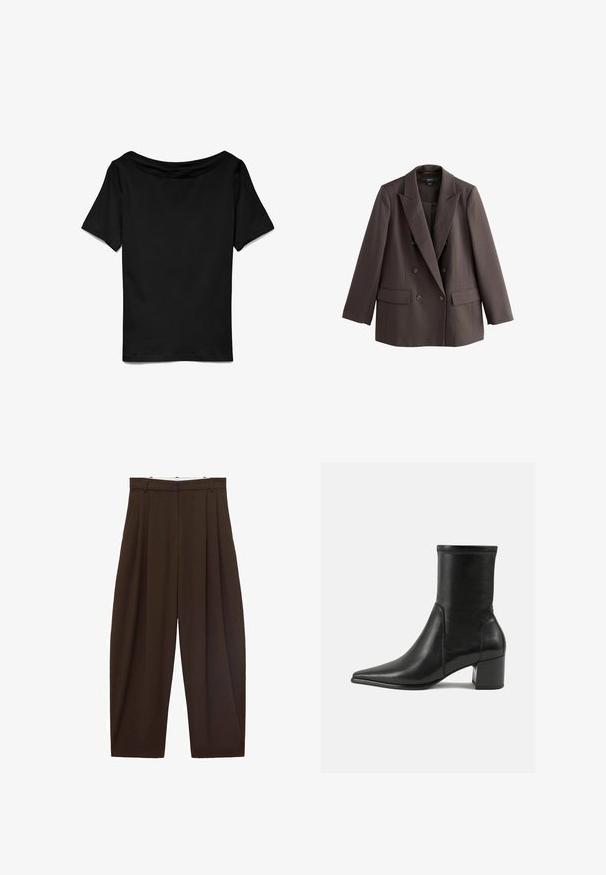 Rjav dvoredni blazer z odrezanim kragnom, dvema sprednjima žepoma in gumbnimi poudarki, izdelan iz gladkega, teksturiranega blaga.; Črn majica s kratkimi rokavi in širokim izrezom, ki pada preko ramen. Gladka tekstura, sproščen kroj, enostavna zasnova brez dodatnih vzorcev ali poudarkov.; Rjave hlače visoke pasu s pregibi, narejene iz gladkega materiala. Ohlapen kroj, ravne nogavice, z zankami za pas in zadrgo.; Črne gležnjarje iz gladkega usnja, z izostrenim nosom, blokastim peto in izrazitim povišanim šivom na zgornjem robu.