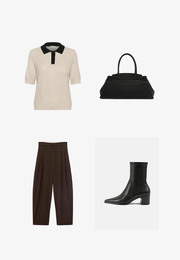 Brun dubbelknäppt blazer med slagkrage, två fickor fram och knappr detaljer, tillverkad av slät, strukturerad tyg.; Beige kortärmad polo-tröja med svart krage, med knäppt fram och strukturstickad mönster.; Bruna högmidjade byxor med veck, tillverkade av slätt tyg. Lätt lös passform, rak bendesign, med bältesöglor och dragkedja.; Svart ankelboot i slät läder, med en spetsig tå, en blockklack och distinkt upphöjd söm längs den övre kanten.; Svart mocka handväska med dubbla topphandtag, strukturerad design, framträdande sömdetaljer och rymlig silhuett för mångsidig användning.