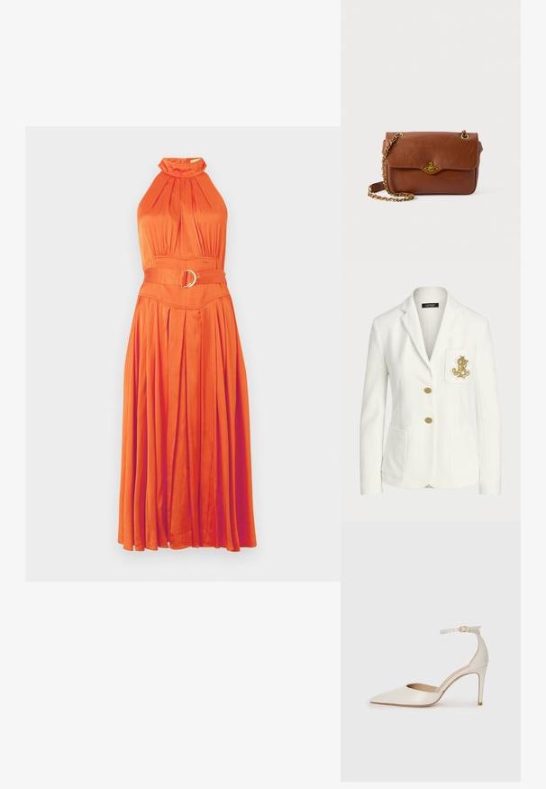 Valkoinen bleiseri, joka on valmistettu teksturoidusta kankaasta ja siinä on muotoiltu istuvuus, kultaiset napit ja koristeellinen kultainen brodeerattu logo taskussa.; Oranssi halterneck-mekko, jossa on laskostettu hame, rypytetty kaula-aukko ja vyö, jossa on pyöreä solkikohta. Tyylikäs, sileä kangas.; Valkoinen nahkainen korkokenkä, jossa on terävä kärkinen muoto, nilkkaremmi ja kapea korko. Suora pinta, jossa on hienovarainen kiiltävä viimeistely.; Ruskea nahkainen olkalaukku, jossa on läppäkiinnitys, kultaiset yksityiskohdat ja ketjuhihna. Sileä pinta, suorakulmainen muoto, minimaalinen yksityiskohtaisuus.
