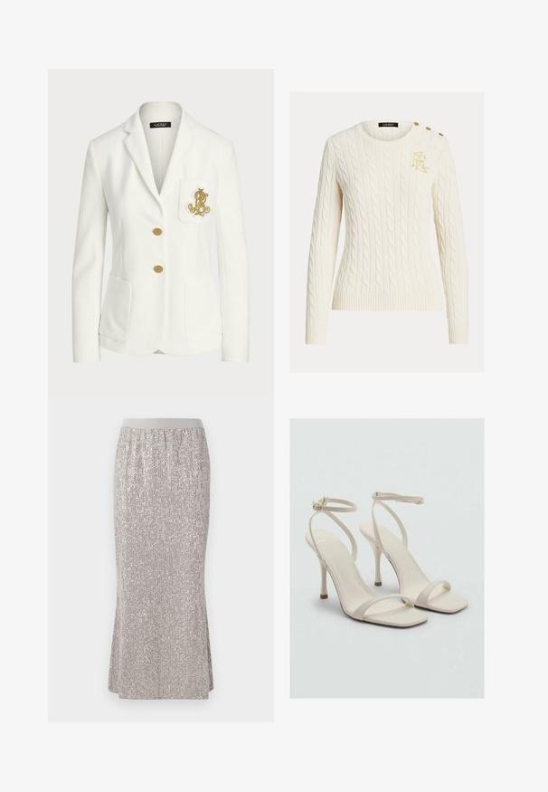 White blazer made of textured fabric with a tailored fit, featuring gold buttons and a decorative gold embroidered logo on the pocket.; Cream cable-knit sweater with long sleeves, round neck, gold embroidered logo on chest, and three gold buttons on shoulder.; Knee-length, silver sequin skirt with a fitted waistband, featuring vertical shimmer patterns and side slits for ease of movement.; Beige high-heeled sandals with a square toe and thin ankle straps. Smooth material with minimal design, featuring a slender heel.