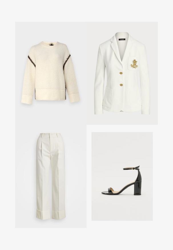 Valkoinen bleiseri, joka on valmistettu teksturoidusta kankaasta ja siinä on muotoiltu istuvuus, kultaiset napit ja koristeellinen kultainen brodeerattu logo taskussa.; Kermainen neulepaita, jossa on teksturoitu kuvio, ja ruskeat korostusompeleet olkapäillä ja sivuraoissa. Pitkät hihat, pyöreä pääntie.; Valkoiset mittatilauspohjaiset housut, joissa on korkea vyötärö, kaksinkertaiset etukourut ja leveät lahkeet, joissa on käänteet. Valmistettu sileästä, teksturoidusta kankaasta.; Mustat patenttinahtiset sandaalit, joissa on leveä korko, avoin varvas ja nilkkahihna, jossa on kultainen solki. Suora pinta ja tyylikäs muotoilu.